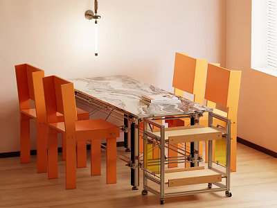 Modern Dining Table Set With Orange Chairs Glass Top And Wheeled Metal Cart 3d model