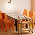 Modern Dining Table Set With Orange Chairs Glass Top And Wheeled Metal Cart
