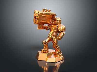 Golden Mechanical Robot Character Holding Large Weapon On Pedestal Base 3d model