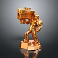 Golden Mechanical Robot Character Holding Large Weapon On Pedestal Base