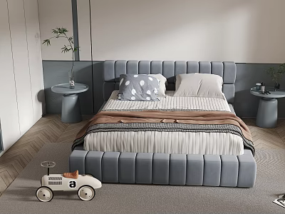 Modern Kids Bed With Grey Upholstered Headboard Striped Quilt Pillows And Toy Car 3d model