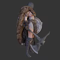 Woman In Detailed Warrior Armor Holding Battle Axe And Decorative Shield With Tattoos