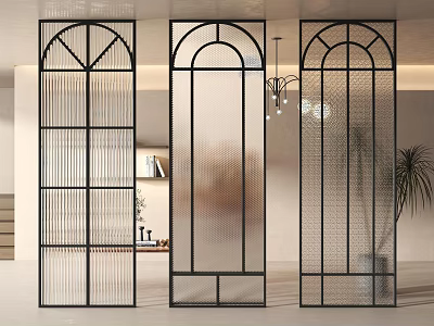 Three Modern Room Dividers With Black Frame Arch Top Glass Panels For Interior 3d model