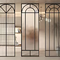 Three Modern Room Dividers With Black Frame Arch Top Glass Panels For Interior