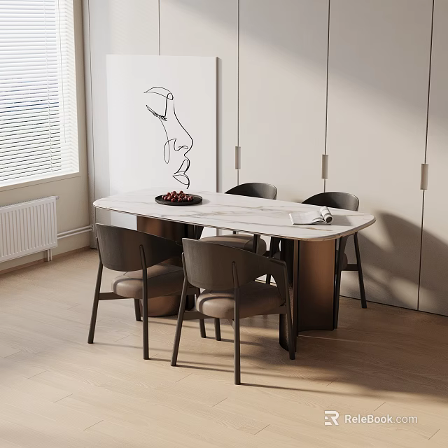 Modern Dining Table Set With Marble Top Four Chairs Abstract Bird Painting And Window Blinds 3d model 