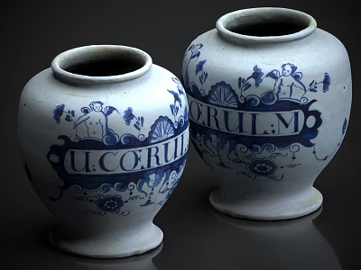 Two Vintage Ceramic Vases With Blue And White Floral Patterns And Inscriptions U.CORRIL ERUL.M 3d model