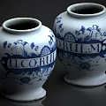Two Vintage Ceramic Vases With Blue And White Floral Patterns And Inscriptions U.CORRIL ERUL.M
