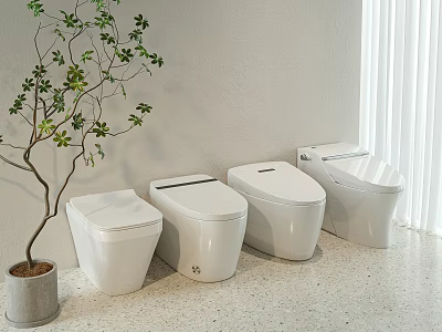 Four Modern White Toilets Arranged With Green Plant In Light Interior Space 3d model