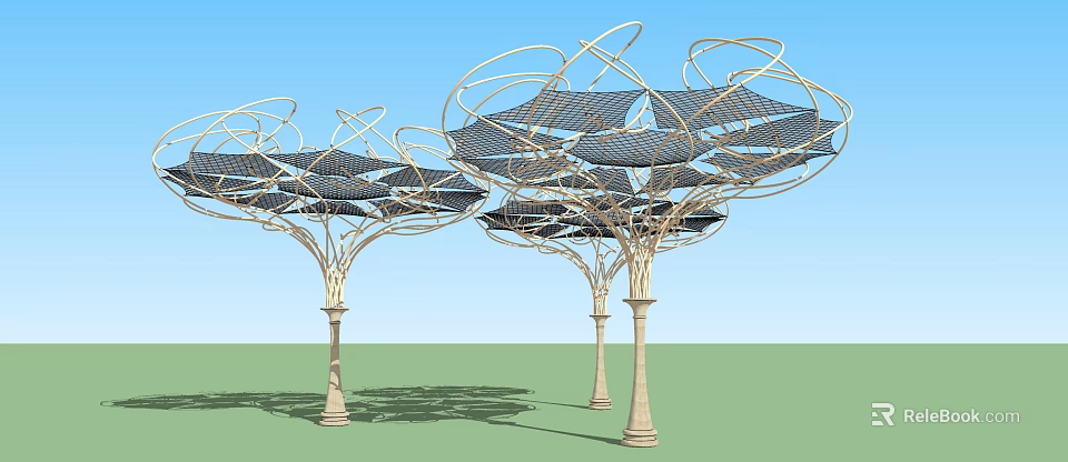 Modern Pergola Design Featuring Curved Structure And Mesh Canopy With Supporting Columns 3d model 