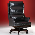 Glossy Black Leather Leisure Chair With Sturdy Wooden Base And Rolling Wheels