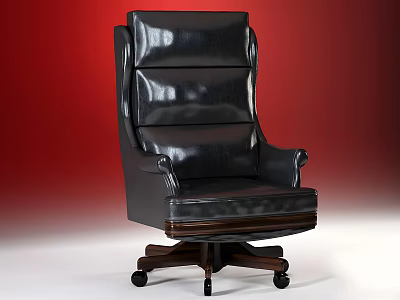 Glossy Black Leather Leisure Chair With Sturdy Wooden Base And Rolling Wheels 3d model