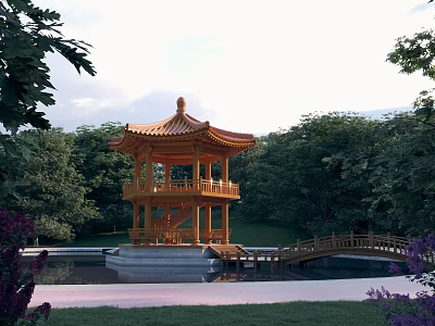 Traditional Chinese Wooden Pavilion In Garden With Stone Bridge Pond And Green Trees 3d model