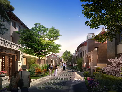 Scenic Traditional Townhouse Exterior With Street Lush Greenery And Pedestrians Walking 3d model