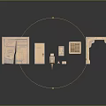 Miniature Wooden Model Components Including Cabinet Door Archway Vent Barrel And Figure On Black Surface