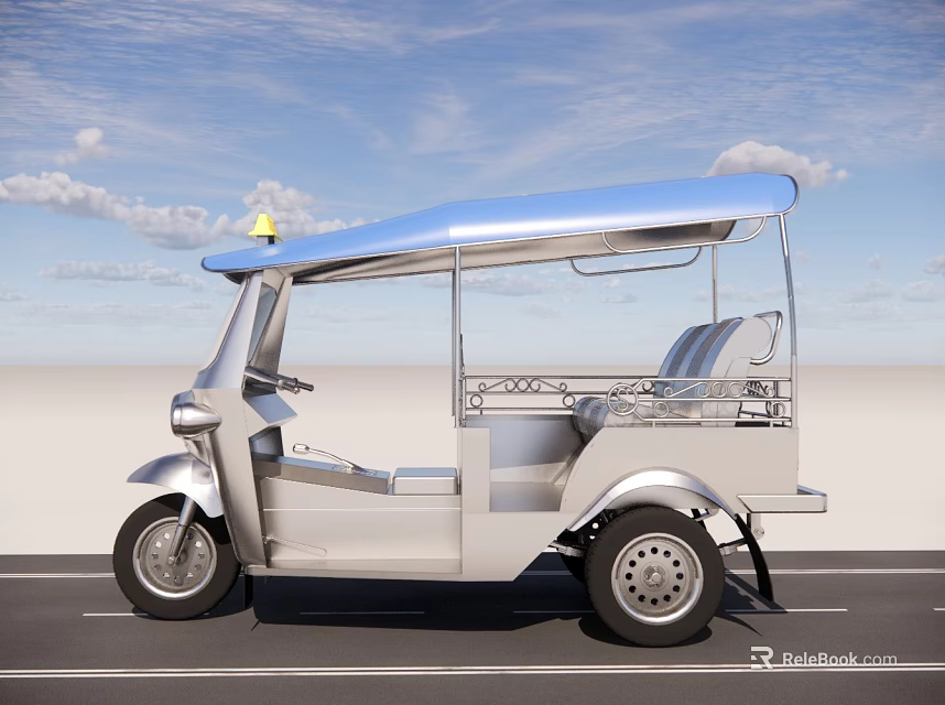 Electric Tricycle with Blue Canopy Yellow Warning Light Open Seats on Road 3d model 
