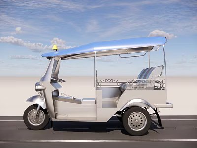 Electric Tricycle with Blue Canopy Yellow Warning Light Open Seats on Road 3d model