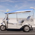 Electric Tricycle with Blue Canopy Yellow Warning Light Open Seats on Road