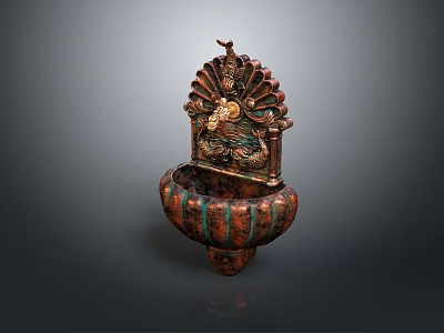 Antique Copper Fountain With Carved Figures And Bird Decoration On Bowl Base 3d model