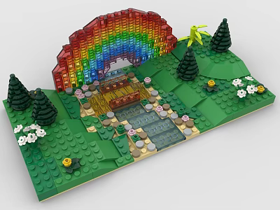 Building Blocks Scene Featuring Rainbow Trees Green Grass Path and Flowers 3d model