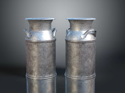 Two Silver Metal Milk Cans on Reflective Surface with Dark Background 3d model