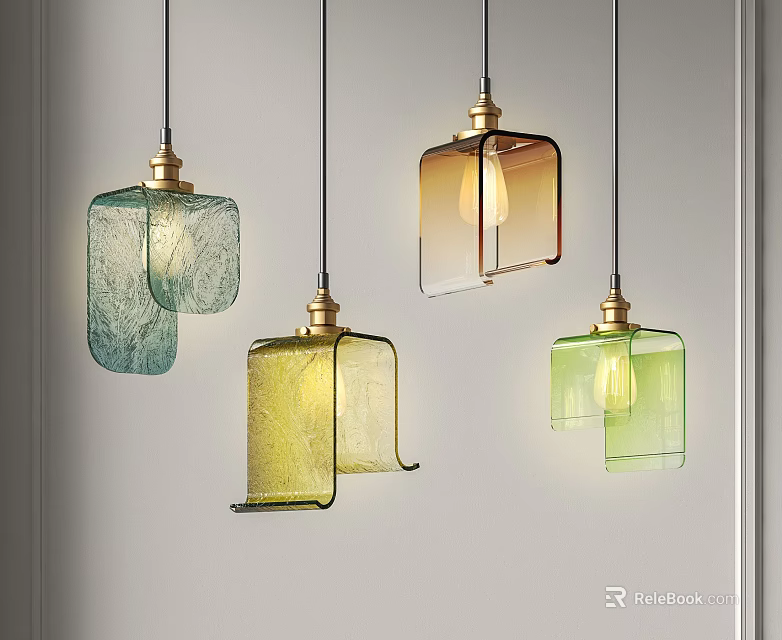 Modern Colored Glass Pendant Lights With Gold Base And Multiple Shades Design 3d model 