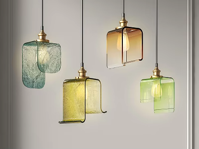 Modern Colored Glass Pendant Lights With Gold Base And Multiple Shades Design 3d model