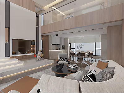 Modern Duplex Living Room Interior With Sofa Coffee Table TV Wall And Large Windows 3d model