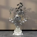 Window Display Decoration Featuring White Vase With Wavy Base And White Yellow Flowers