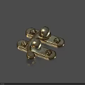Golden Brass Metal Hinge With Two Spherical Knobs And Four Screw Holes On Blue Background