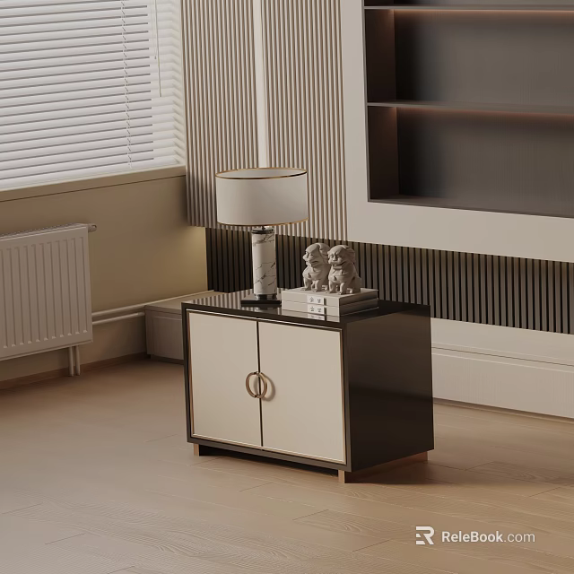 Modern Black and White Bedside Table With Table Lamp And Decorative Figurines 3d model 