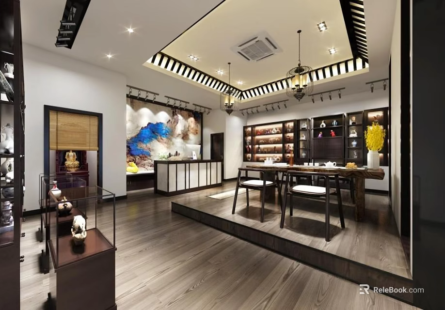 Traditional Chinese Specialty Store Interior with Display Shelves Wooden Tables and Decorative Artworks 3d model 