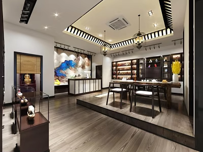 Traditional Chinese Specialty Store Interior with Display Shelves Wooden Tables and Decorative Artworks 3d model