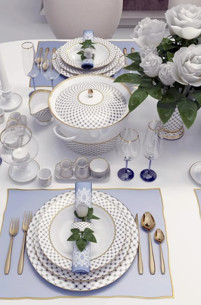 Elegant Dinnerware Set With White Blue Pattern Golden Cutlery Wine Glasses And White Roses 3d model