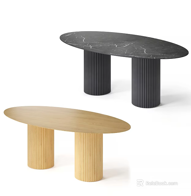 Stylish Dining Tables Featuring Marble And Wooden Tops With Column Bases In Black And Light 3d model 