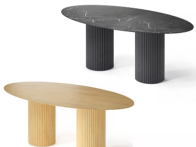 Stylish Dining Tables Featuring Marble And Wooden Tops With Column Bases In Black And Light 3d model