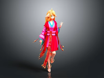 Vibrant Game Anime Character With Golden Hair Red Pink Kimono Golden Headdress And Fringe Decorations 3d model