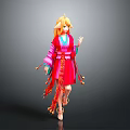 Vibrant Game Anime Character With Golden Hair Red Pink Kimono Golden Headdress And Fringe Decorations