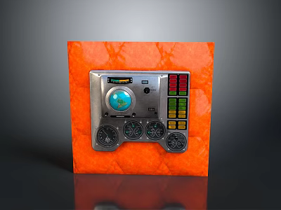 Silver Control Panel Equipment On Orange Background With Globe Component Knobs And Colorful Indicator Lights 3d model
