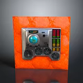 Silver Control Panel Equipment On Orange Background With Globe Component Knobs And Colorful Indicator Lights