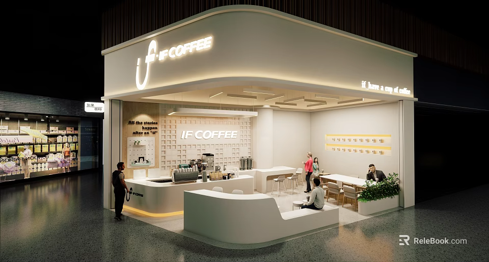 Modern IF Coffee Shop Interior With White Decor Counter Tables Warm Lighting And Green Plants 3d model 