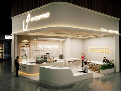 Modern IF Coffee Shop Interior With White Decor Counter Tables Warm Lighting And Green Plants 3d model