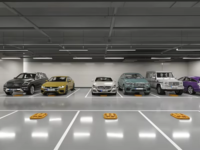 Modern Indoor Parking Garage With Yellow Guides Clear Lines And Multiple Parked Vehicles 3d model