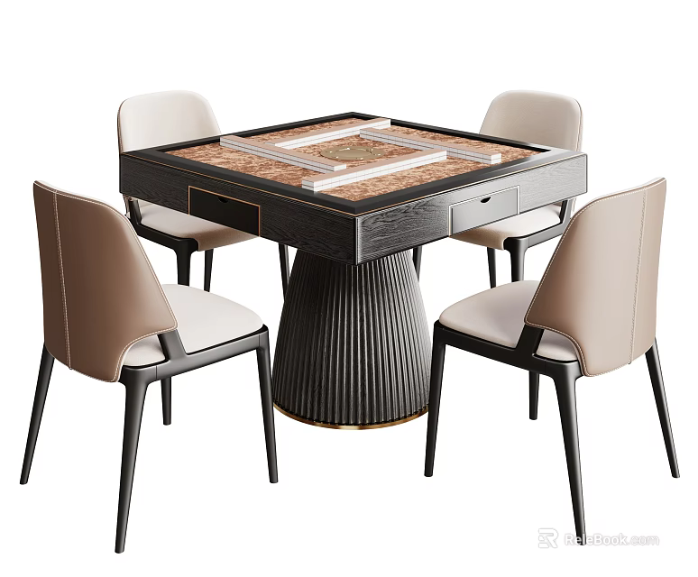 Square Entertainment Table With Marble Top Drawers Black Striped Leg And Four Beige Black Chairs 3d model 