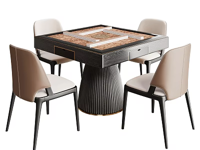 Square Entertainment Table With Marble Top Drawers Black Striped Leg And Four Beige Black Chairs 3d model