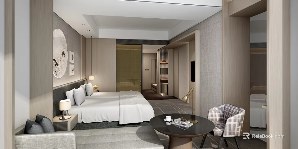 Modern Hotel Room Interior With Comfortable Bed Sofa Round Coffee Table And Decorative Paintings 3d model 