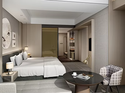 Modern Hotel Room Interior With Comfortable Bed Sofa Round Coffee Table And Decorative Paintings 3d model