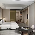 Modern Hotel Room Interior With Comfortable Bed Sofa Round Coffee Table And Decorative Paintings