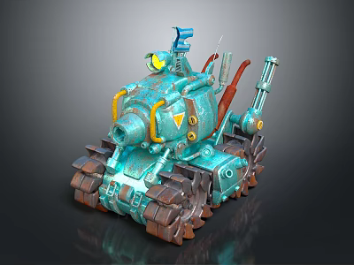 Teal Military Vehicle With Tracks Yellow Accents And Cannon 3d model