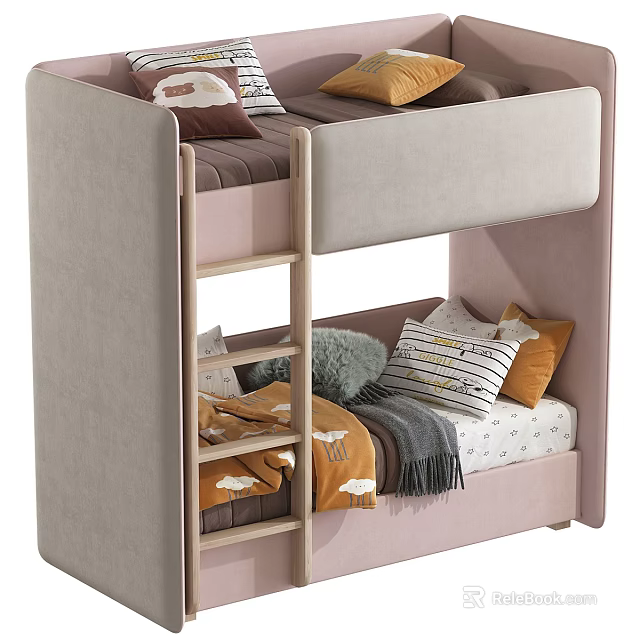 Modern Kids Bunk Bed With Wooden Ladder Soft Pillows And Cozy Blankets 3d model 
