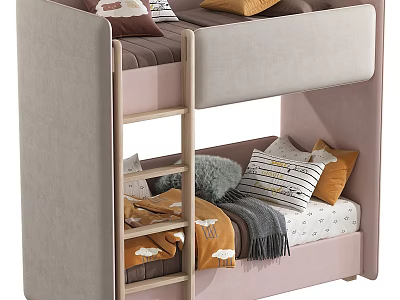 Modern Kids Bunk Bed With Wooden Ladder Soft Pillows And Cozy Blankets 3d model